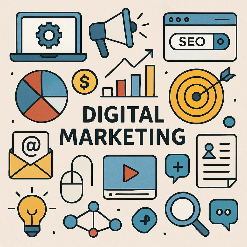 Illustration collage of essential digital marketing skills, featuring icons for SEO, email marketing, analytics, and video content.