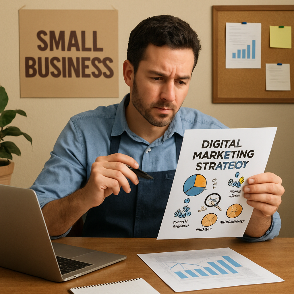 Small business owner reviewing a digital marketing strategy document to plan growth and analyze chart data.