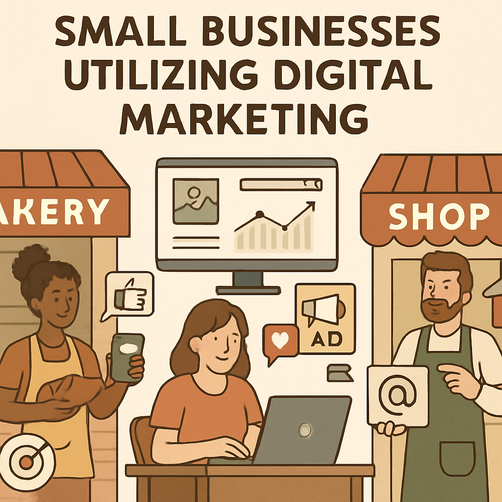 Small business owners in a bakery and retail shop utilizing digital marketing tools to reach more local customers.