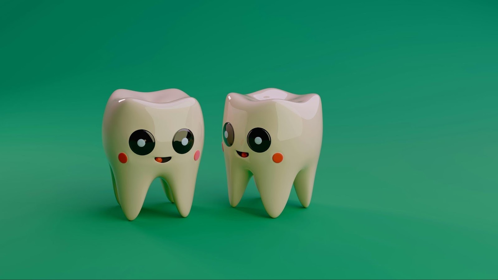 Cute 3D animated teeth characters, an example of engaging visual content perfect for pediatric dentistry social media posts.