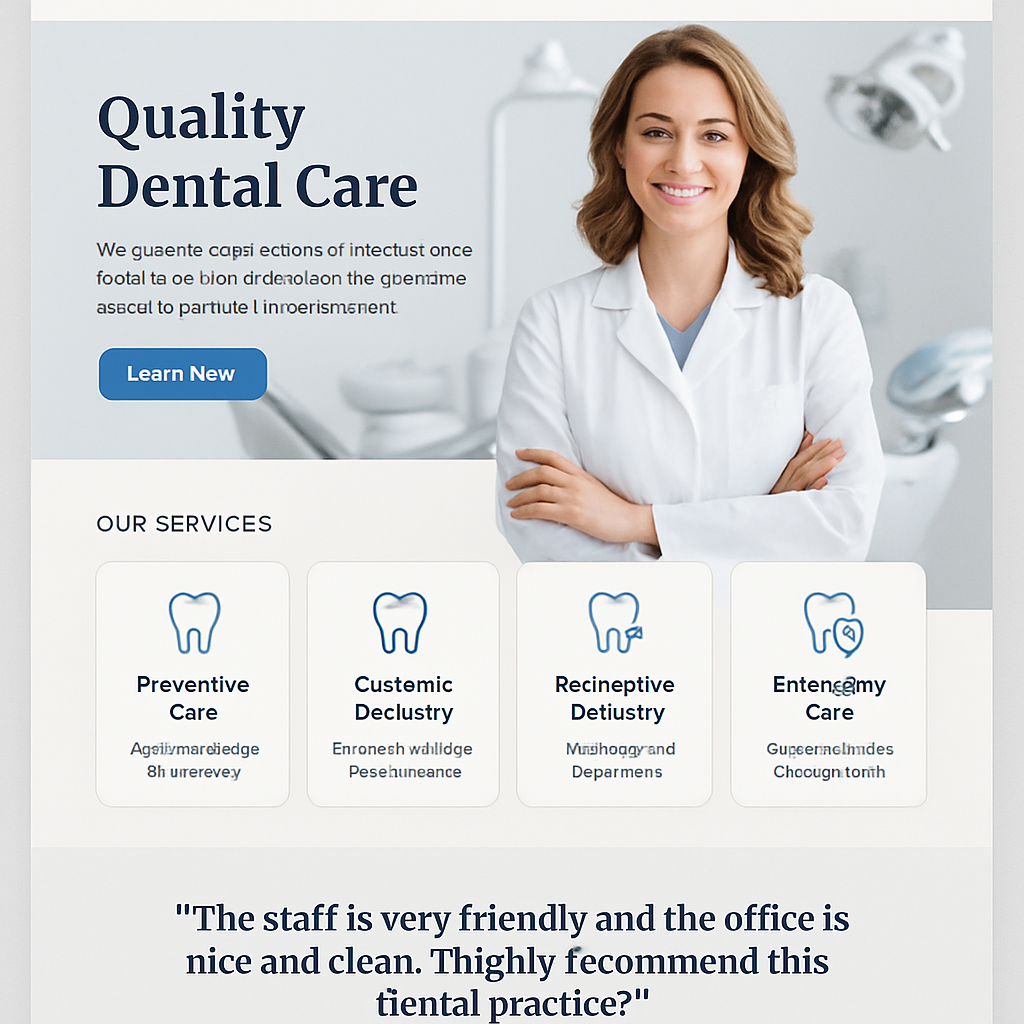Example of a high-converting dental website homepage featuring a professional photo, clear service icons, and patient calls-to-action.
