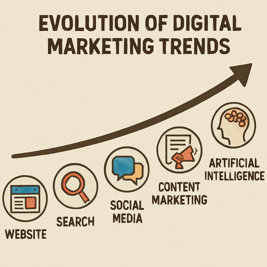 Illustration showing the "Evolution of Digital Marketing Trends," progressing from websites and search to social media, content, and AI.