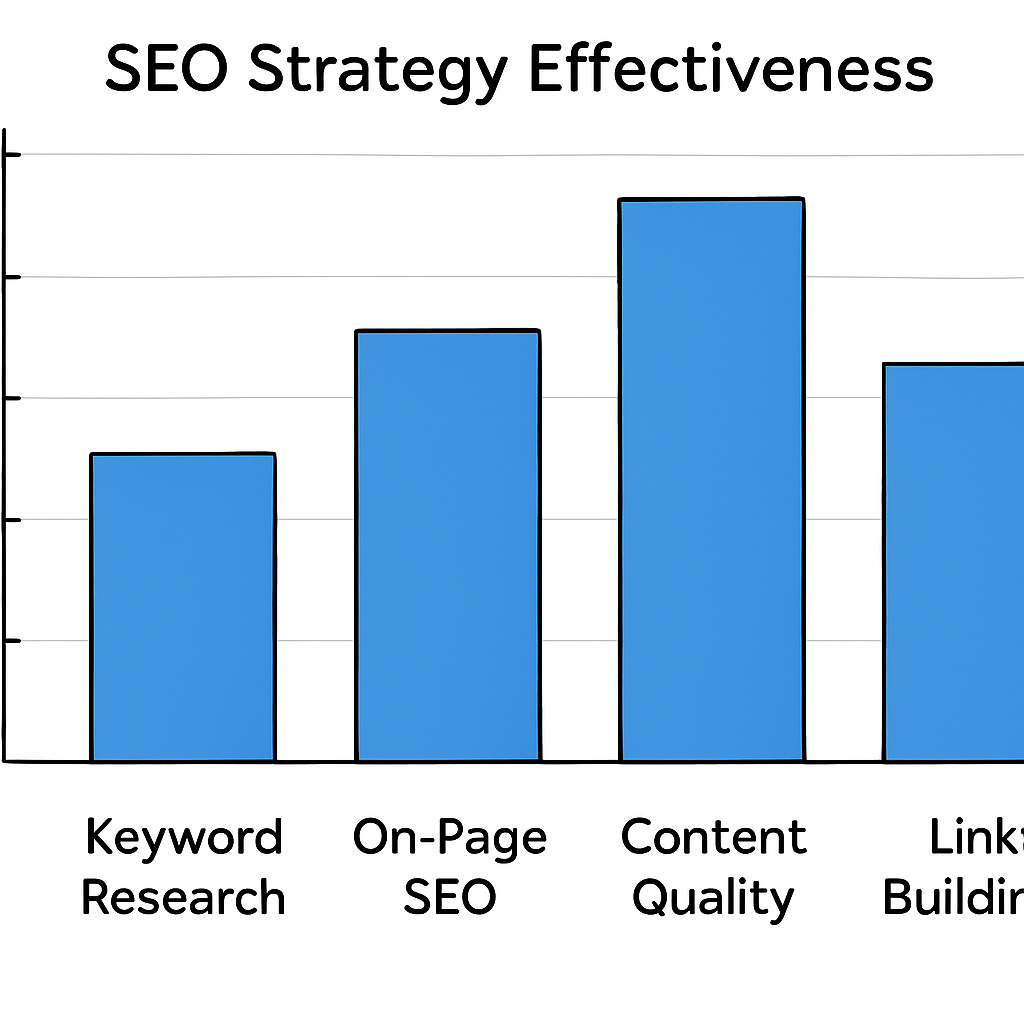 Bar graph comparing the effectiveness of SEO strategies for plumbers, including keyword research, on-page SEO, content quality, and link building.