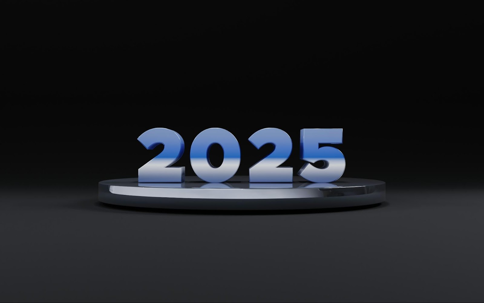 3D text reading "2025" on a podium, highlighting the future year's trends in digital marketing and AI technology.