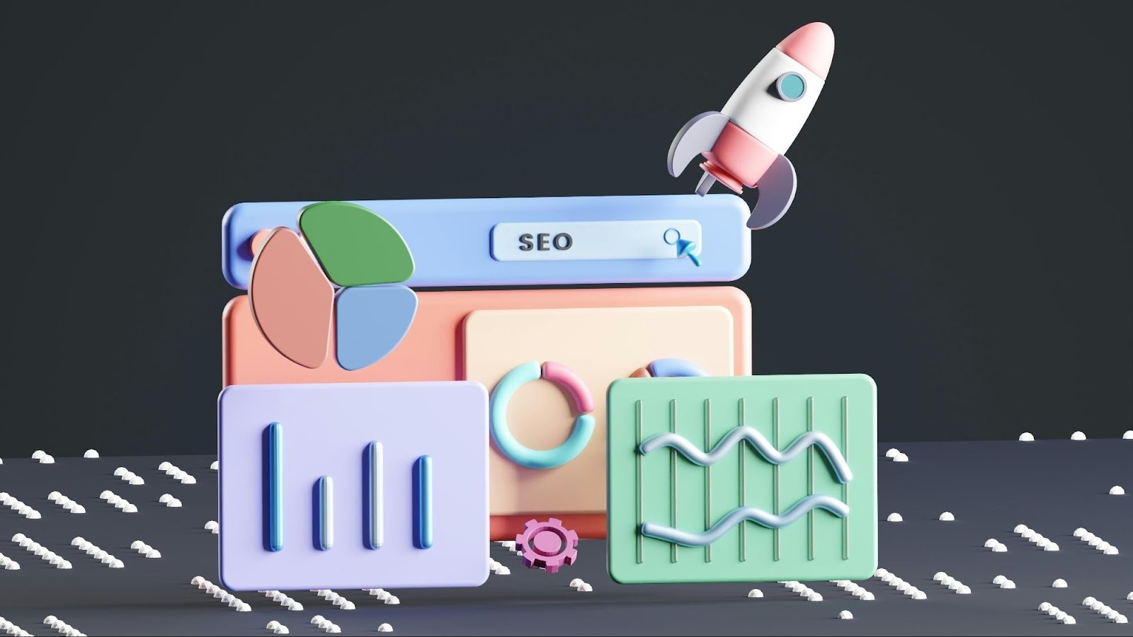 3D render of a rocket launching next to search bars and charts, representing the speed and growth provided by agile AI SEO tools.
