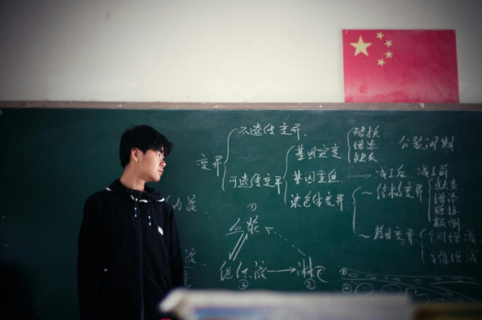 Student studying complex formulas on a chalkboard, representing the deep learning and intricate algorithms behind AI-driven SEO.