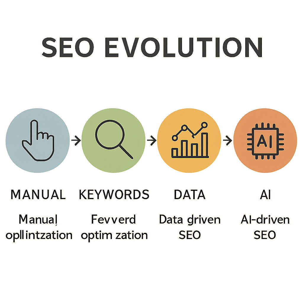 "SEO Evolution" infographic showing the progression from manual tasks and keywords to data-driven and AI-driven SEO.